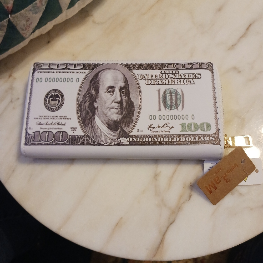 NWT Hundred Dollar Novelty Long Wallet, Faux Leather Bag By Hello 3 AM